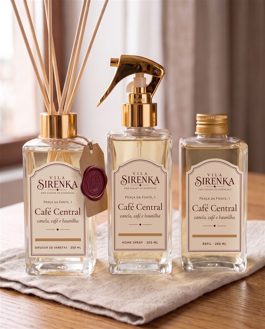 Difusor, home spray e refil do Café Central sobre linho