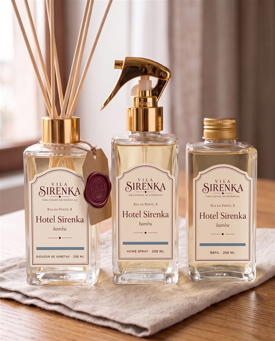 Difusor, home spray e refil do Hotel Sirenka sobre linho